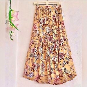 yellow floral elastic waist asymmetric ruffle Midi Maxi Skirt Size Small